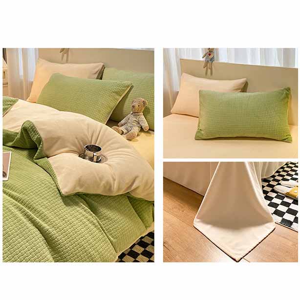 Waffle Coral Fleece Green/Yellow/Coral/Grey Solid Duvet Cover Bedding Set