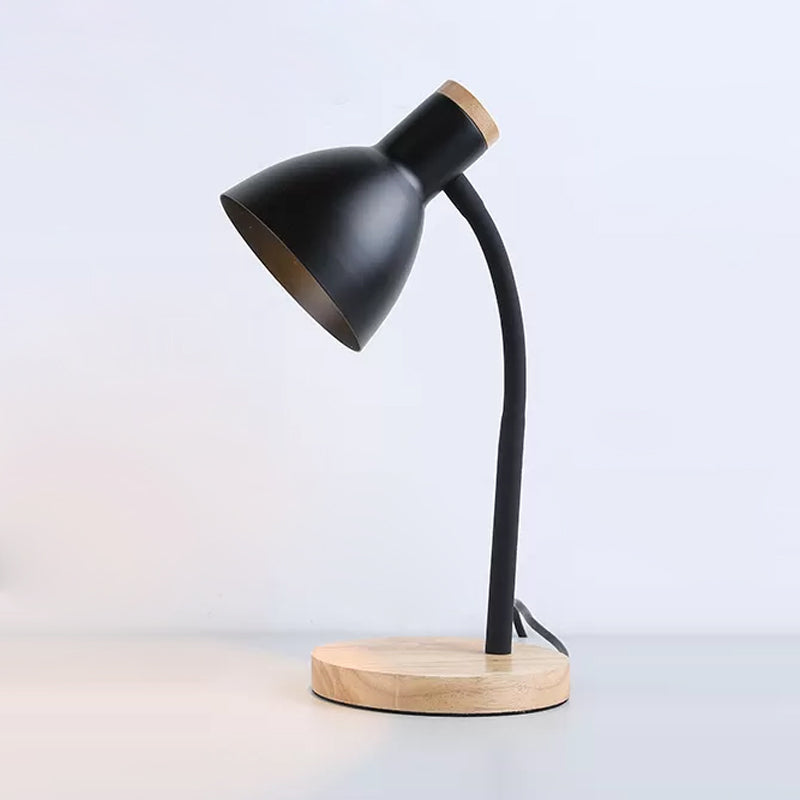 Flexible Gooseneck Night Light Modern Metallic 1 Head Black/White Table Lighting with Bowl Shade and Wood Round Base
