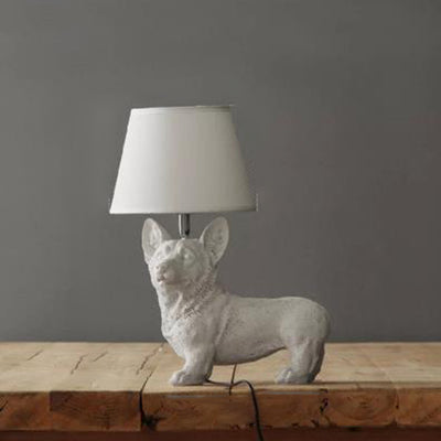 Dog Study Room Table Light with Fabric Shade Resin Single Bulb Modern Table Lamp in White