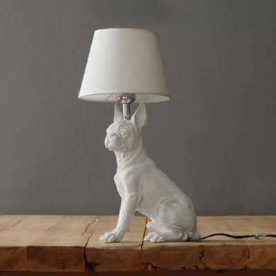 Dog Study Room Table Light with Fabric Shade Resin Single Bulb Modern Table Lamp in White