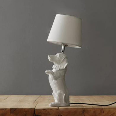 Dog Study Room Table Light with Fabric Shade Resin Single Bulb Modern Table Lamp in White