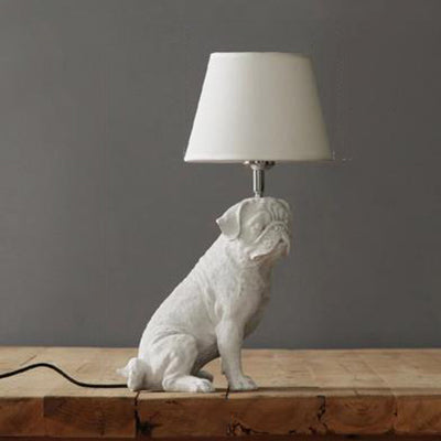 Dog Study Room Table Light with Fabric Shade Resin Single Bulb Modern Table Lamp in White