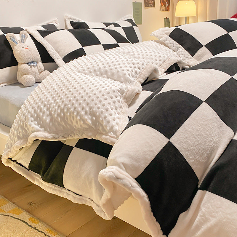 Thickened Black/Blue Checkerboard Flannel Duvet Cover Bedding Set