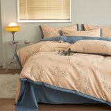 Autumn/Winter Light Orange Blue Flowers bedding set Class A Washable Double Yarn Cotton/Linen Four-Piece Duvet Cover bedding Set