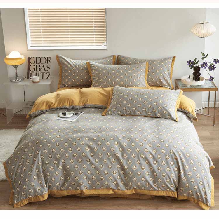 Autumn/Winter Grey Yellow Flowers bedding set Class A Washable Double Yarn Cotton/Linen Four-Piece Duvet Cover bedding Set