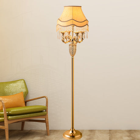 1-Head Candelabra Stand up Lamp Traditional Gold Crystal Spears Floor Reading Lamp with Beige Fabric Shade