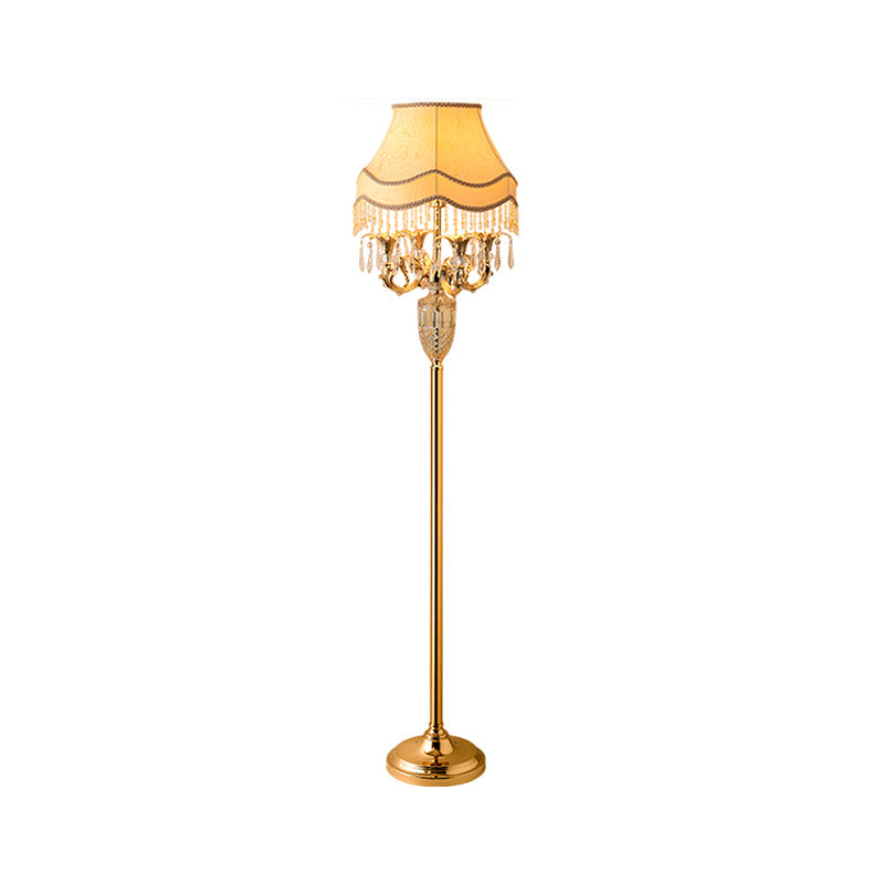 1-Head Candelabra Stand up Lamp Traditional Gold Crystal Spears Floor Reading Lamp with Beige Fabric Shade