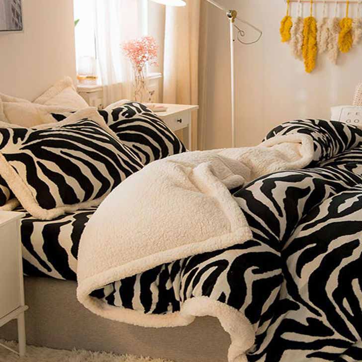 Poly Black and white zebra stripes Milk Cashmere Flannel Berber Fleece Duvet Cover Bedding Set