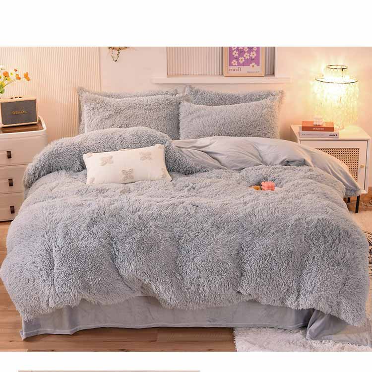 Solid Color Poly Mink Flannel Puffy Duvet Cover Bedding Set