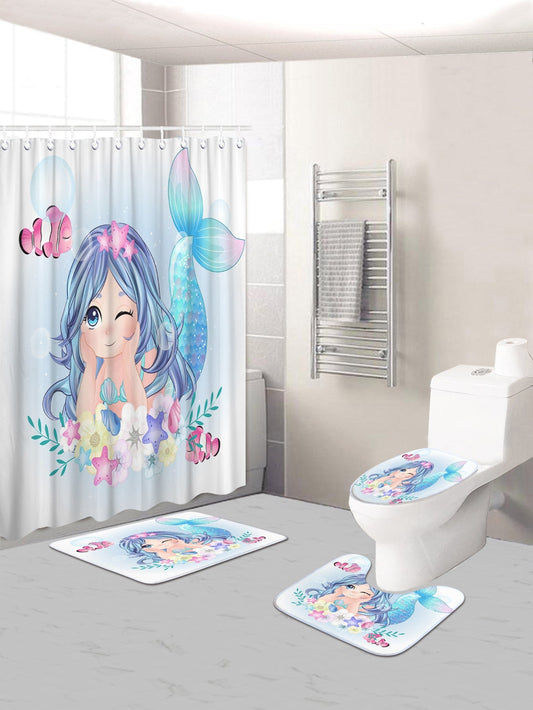4pc Mermaid Print Bath Mat AndShower Curtain