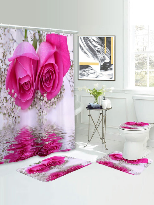 4pc Floral Print Bath Rug And Shower Curtain