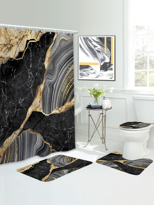 4pc Marble Pattern Bath Rug And Shower Curtain