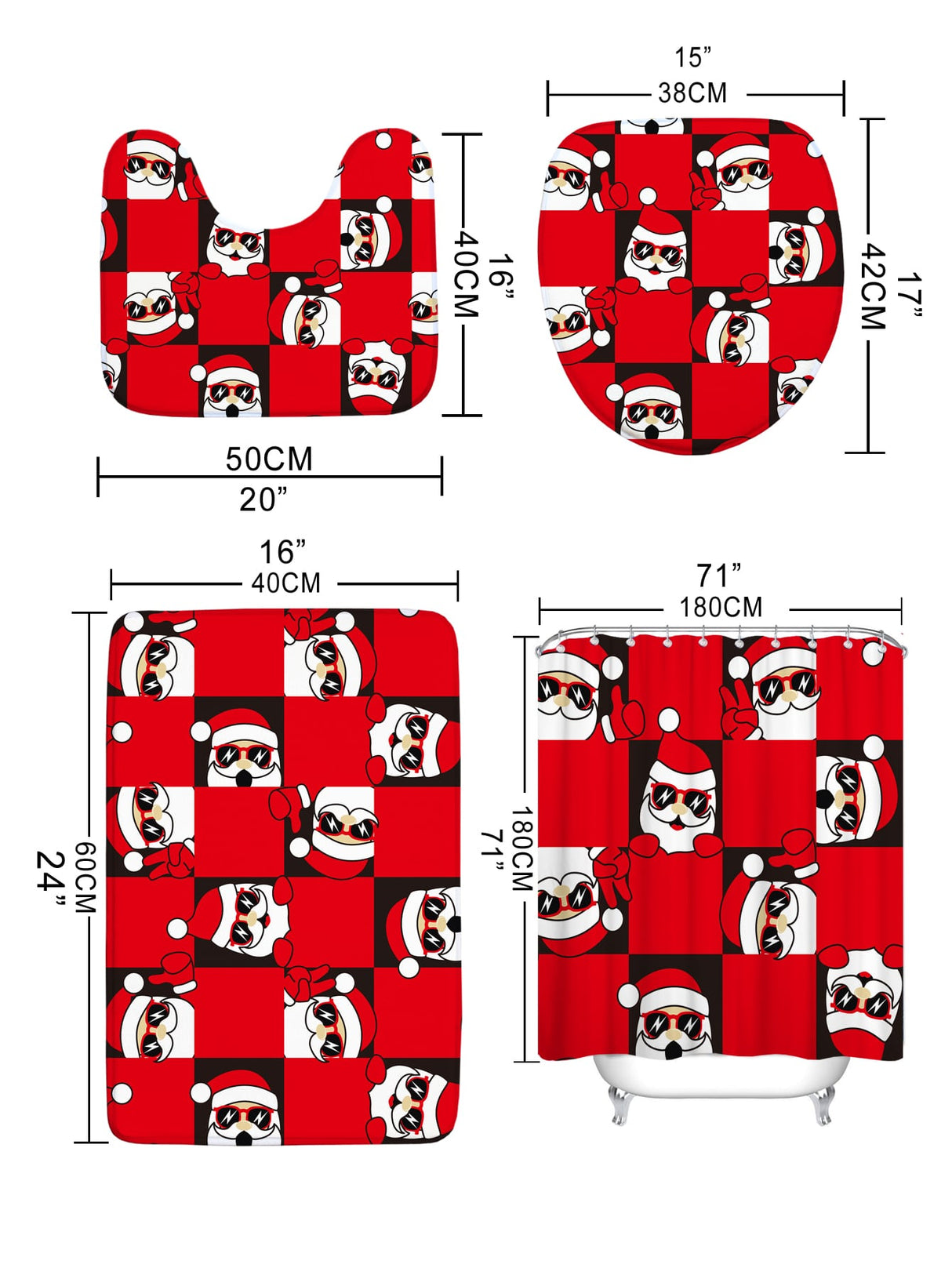 4pc Christmas Santa Claus Pattern Bath Rug And Shower Curtain