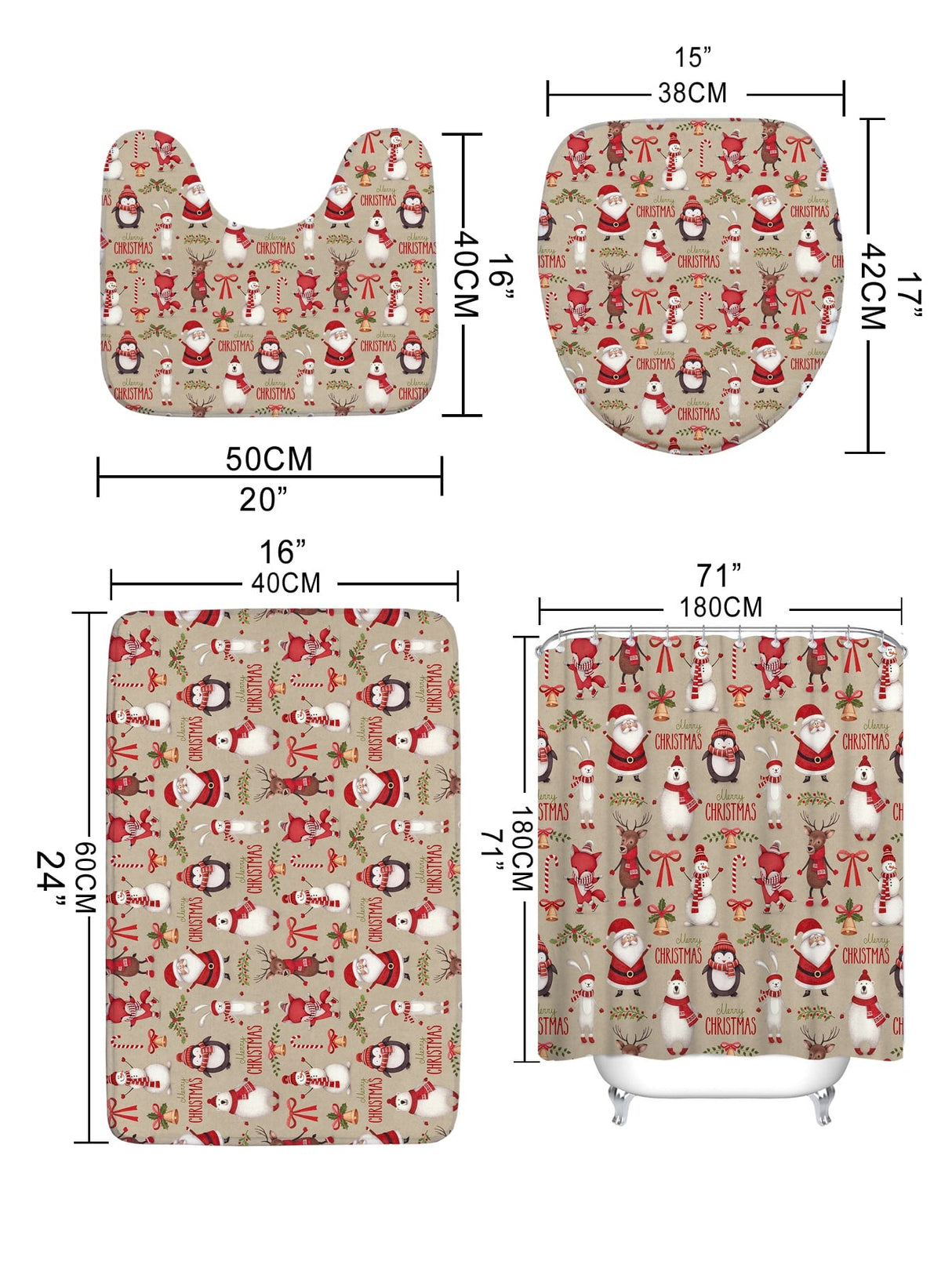 4pc Christmas Print Bath Rug And Shower Curtain