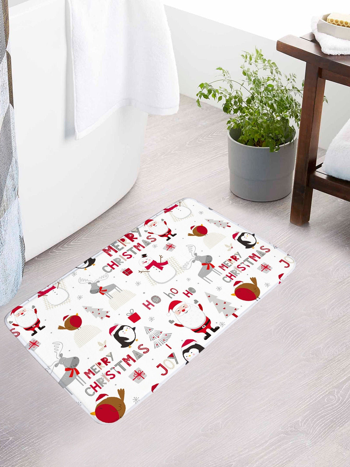 4pc Christmas Print Bath Rug And  Shower Curtain