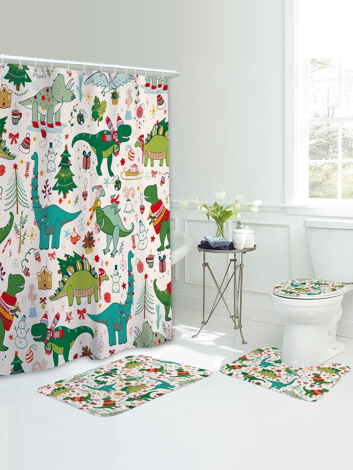 4pc Christmas Dinosaur Pattern Bath Rug And Shower Curtain