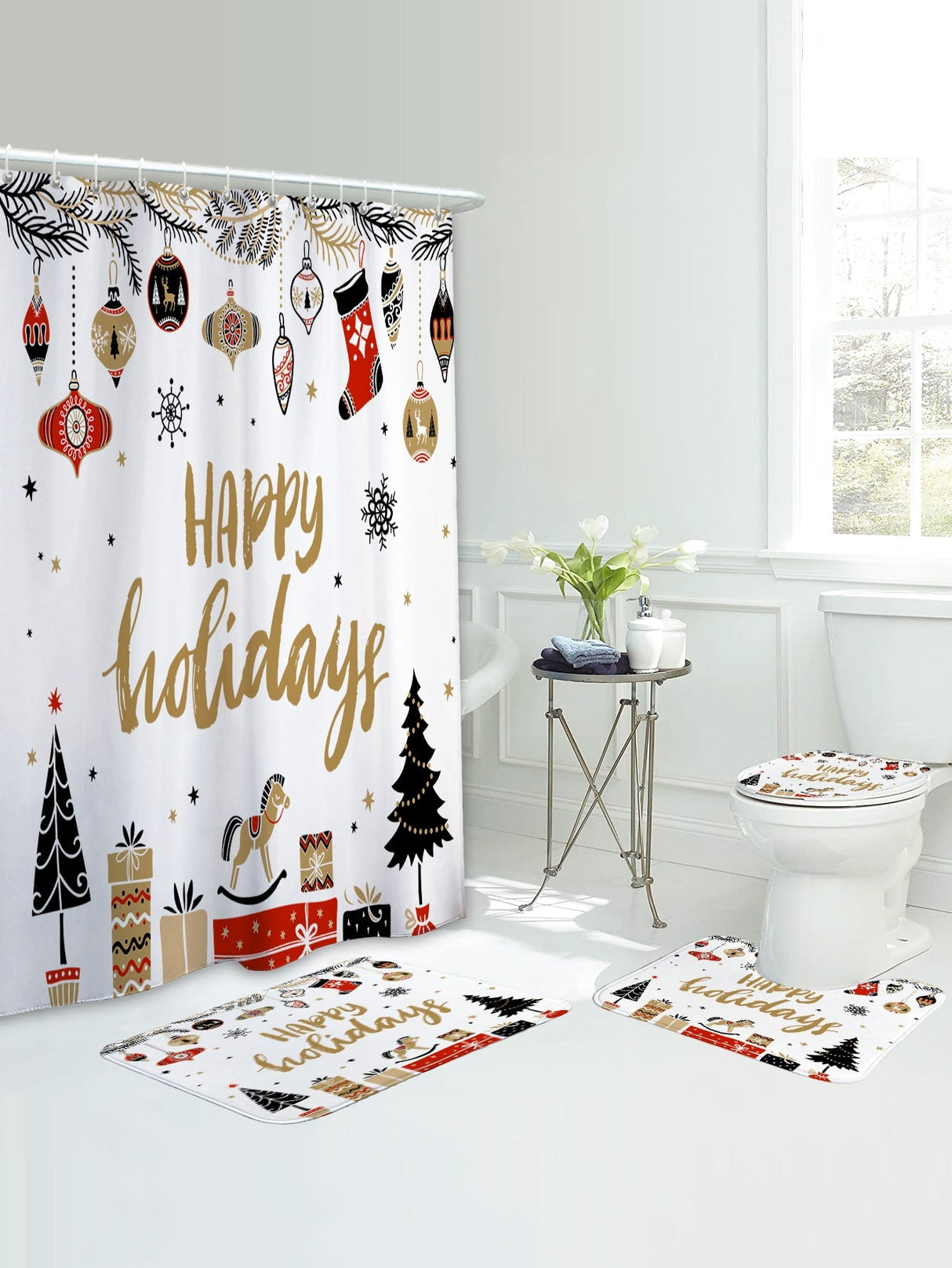 4pc Christmas Tree Pattern Bath Rug And Shower Curtain