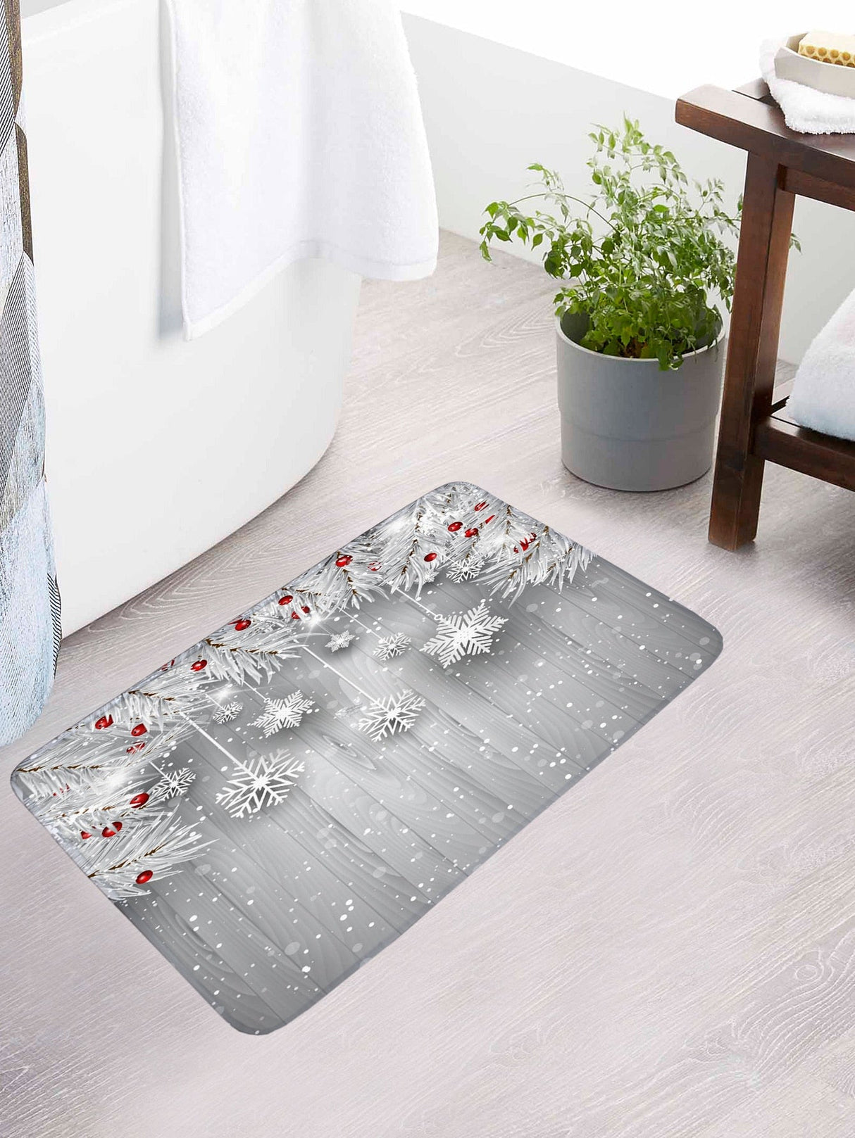 4pc Snowflake Print Bath Rug And Shower Curtain