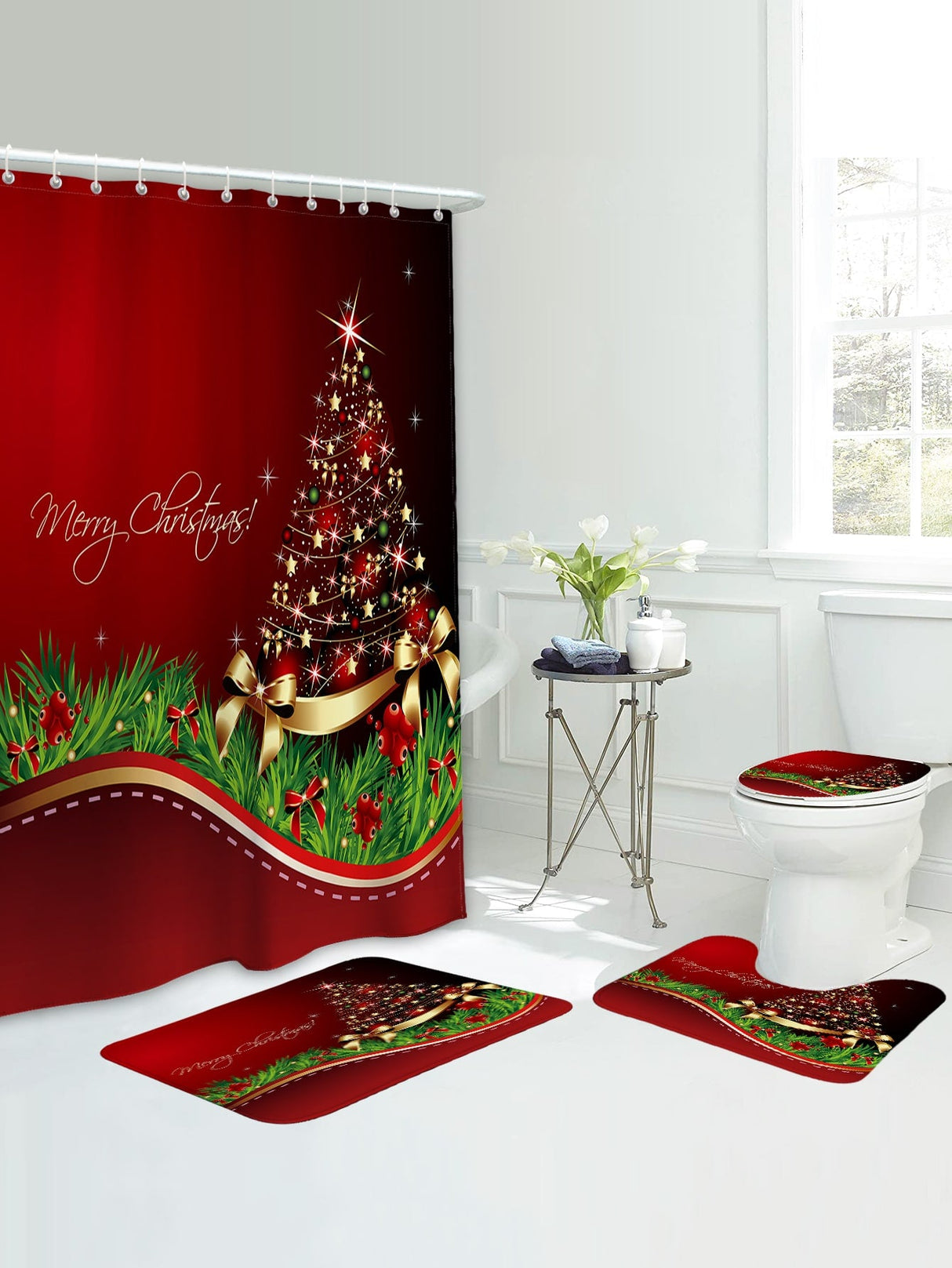 4pc Christmas Tree & Slogan Graphic Bath Rug And Shower Curtain