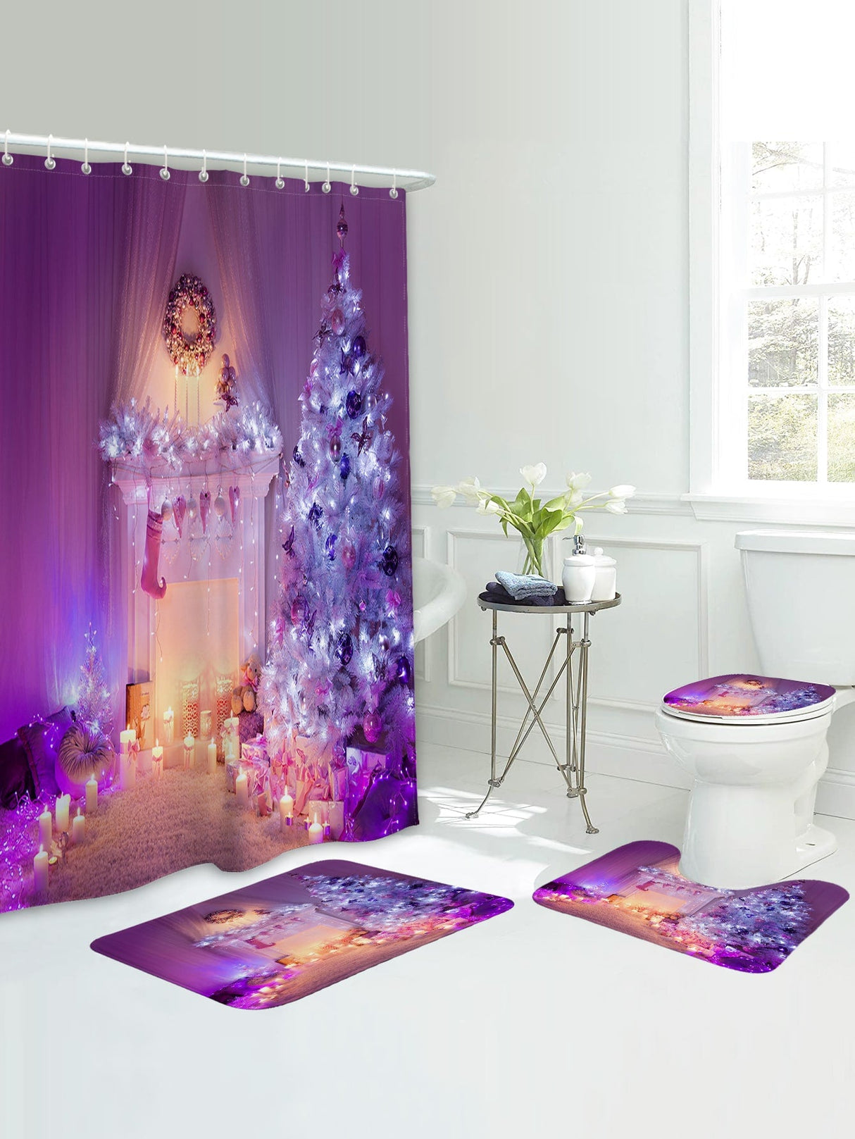 4pc Christmas Tree Pattern Shower Curtain And Bath Rug