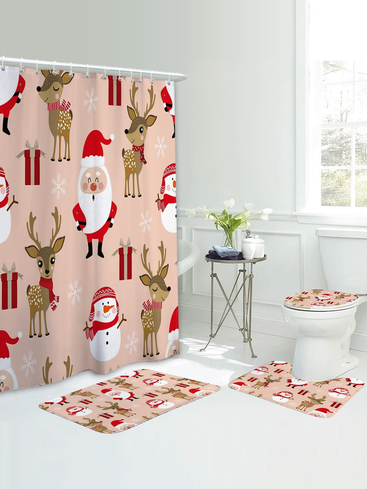 4pc Christmas Elk & Santa Claus Pattern Bath Rug And Shower Curtain