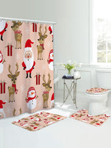 4pc Christmas Elk & Santa Claus Pattern Bath Rug And Shower Curtain