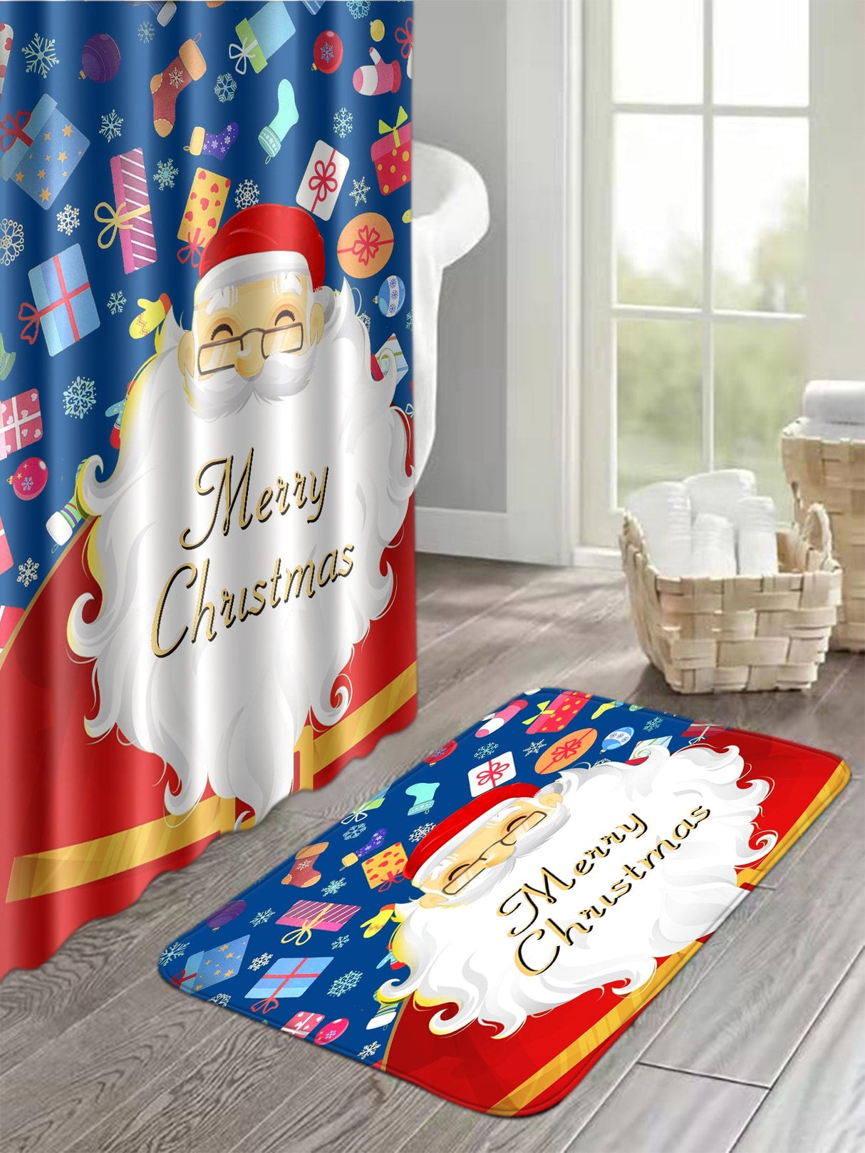 4pc Christmas Santa Pattern Shower Curtain And Bath Rug