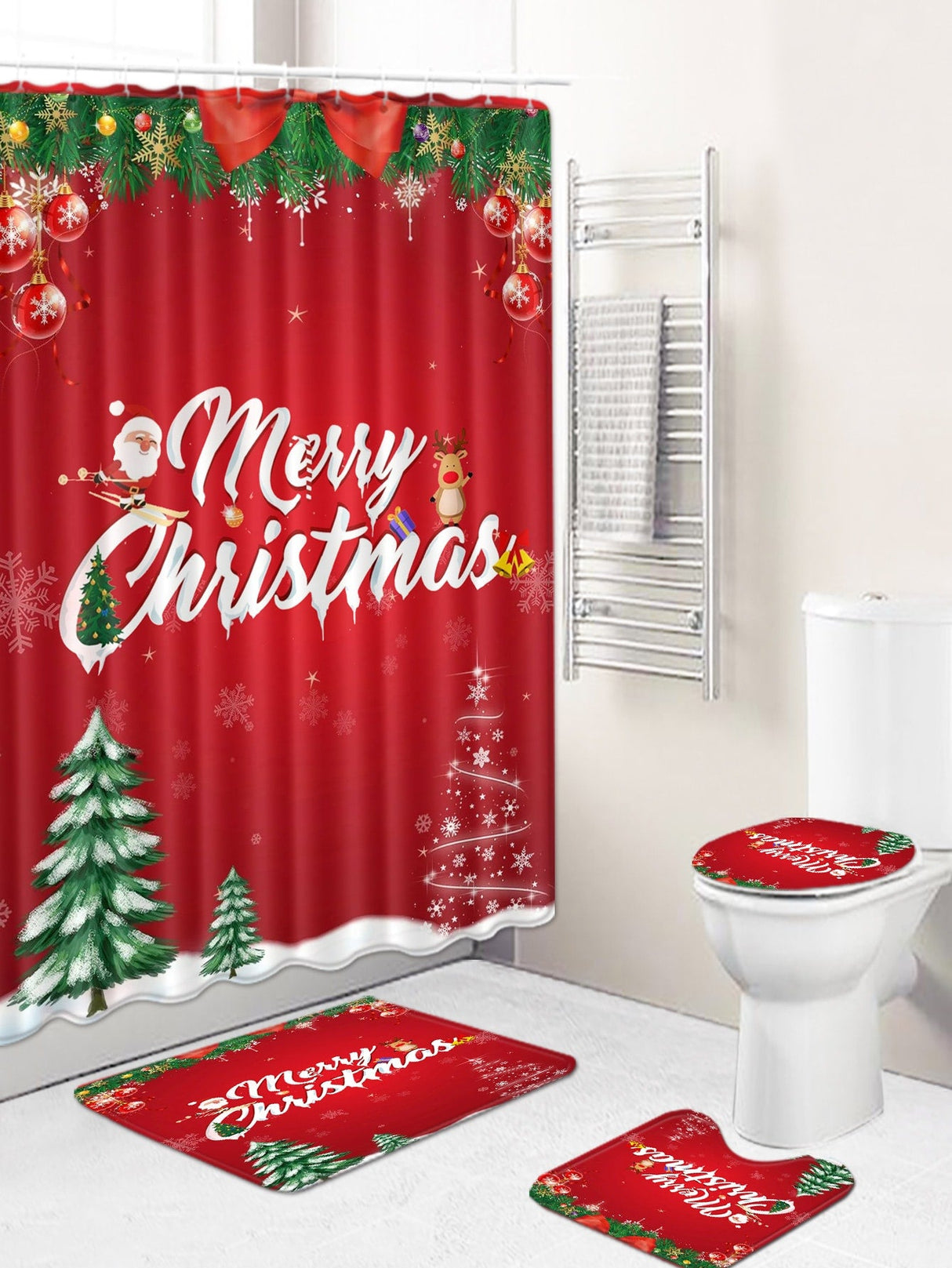 4pc Christmas Tree & Letter Graphic Bath Rug And Shower Curtain