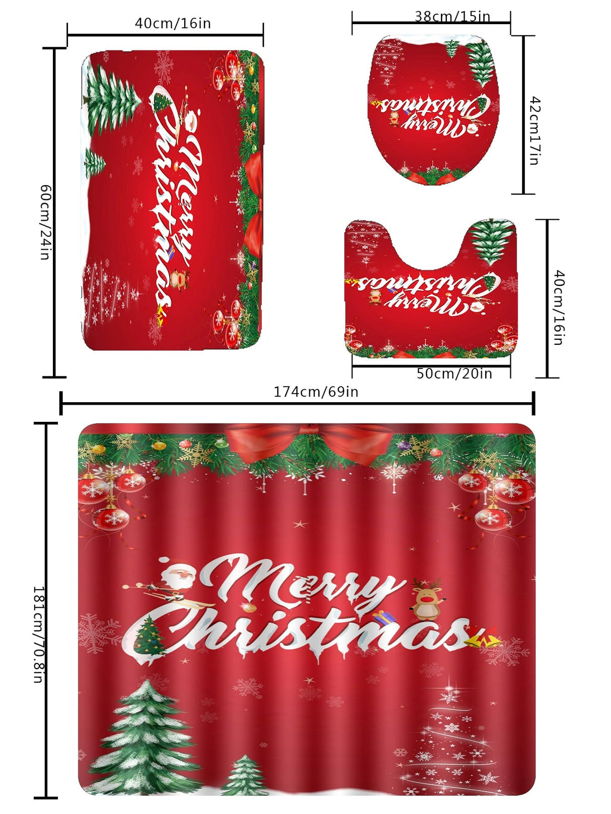 4pc Christmas Tree & Letter Graphic Bath Rug And Shower Curtain