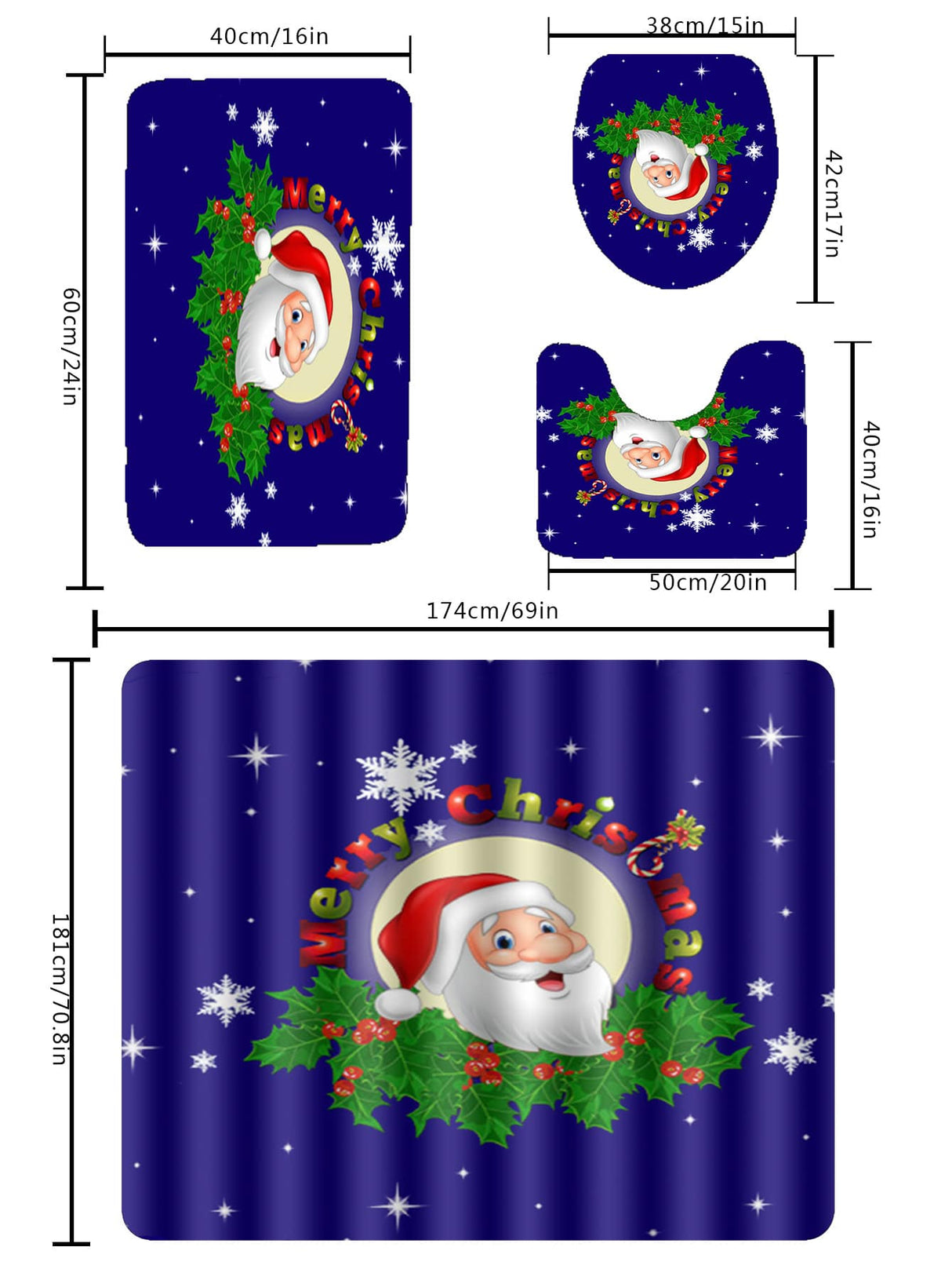 4pc Christmas Santa Claus Pattern Bath Rug And Shower Curtain