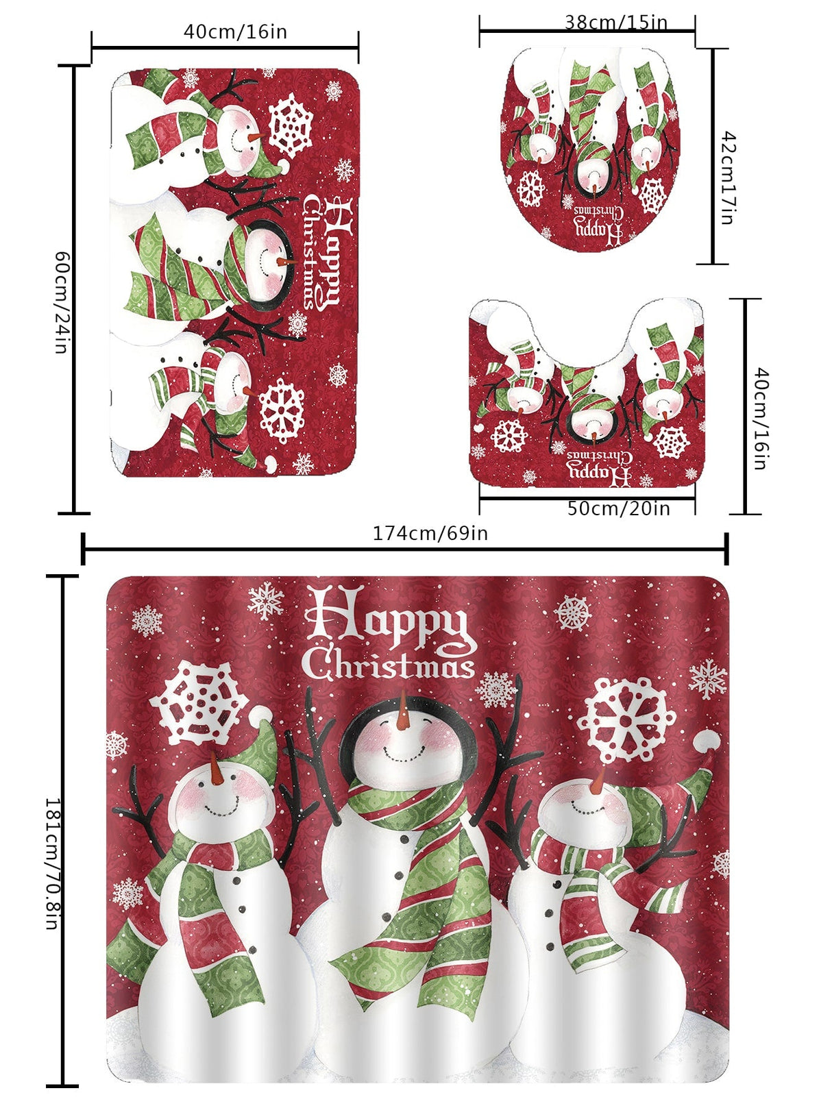 4pc Christmas Snowman Print Bath Rug Set