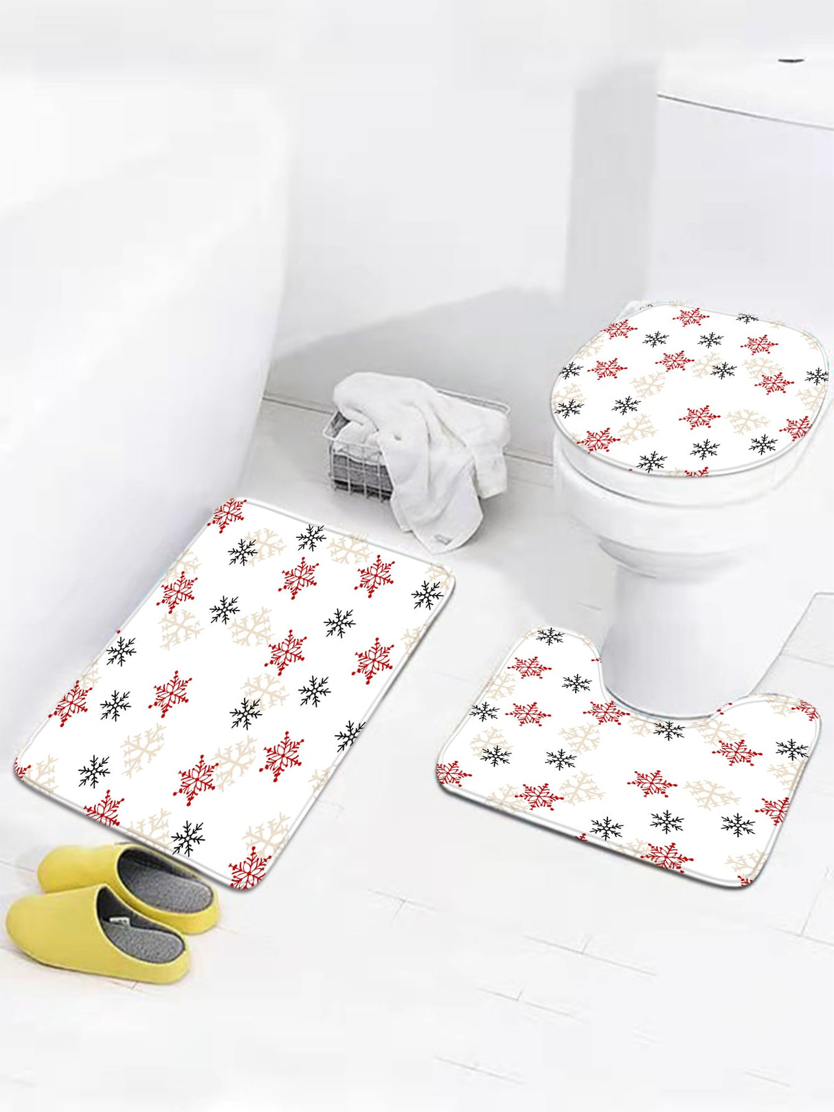 4pc Snowflake Pattern Bath Rug And Shower Curtain