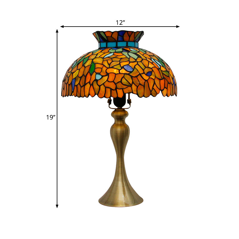 Stained Glass Dome Nightstand Lamp Vintage 1 Light Brass Desk Lighting with Mermaid Base