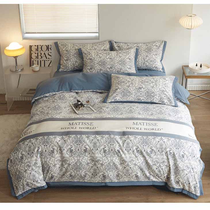 Autumn/Winter Blue Flowers bedding set Class A Washable Double Yarn Cotton/Linen Duvet Cover Four-Piece bedding Set