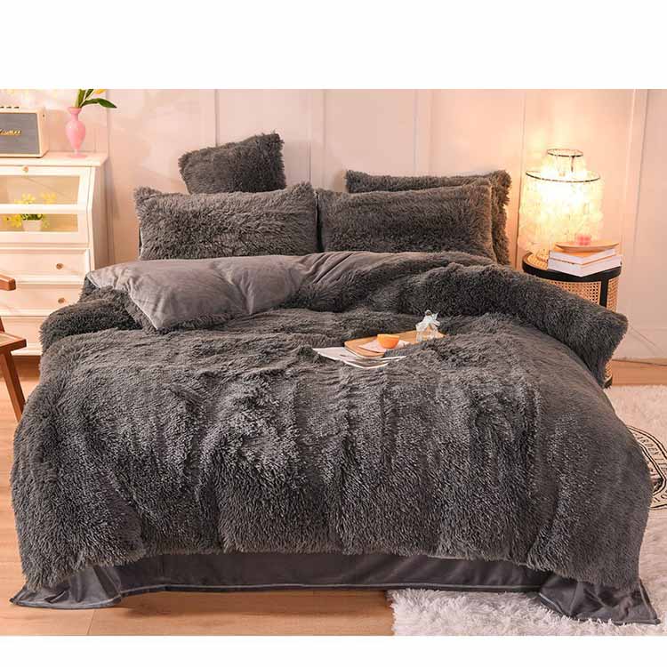 Solid Color Poly Mink Flannel Puffy Duvet Cover Bedding Set