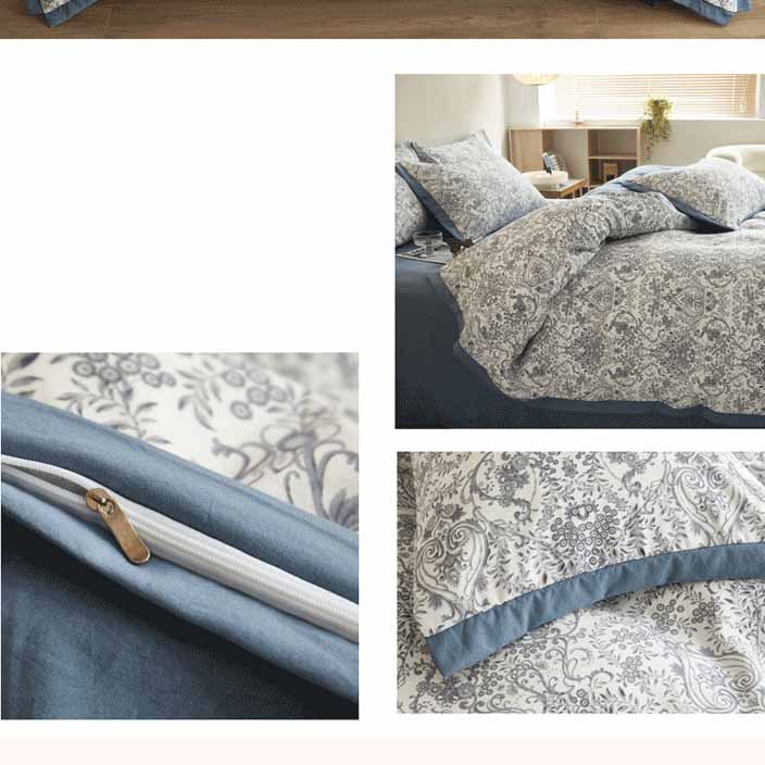 Autumn/Winter Blue Flowers bedding set Class A Washable Double Yarn Cotton/Linen Duvet Cover Four-Piece bedding Set