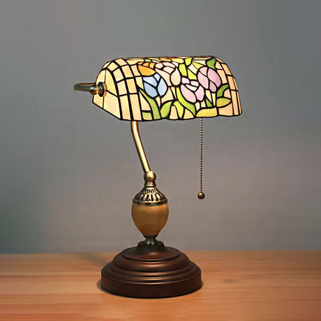 Tiffany Stylish Flower/Geometric/Baroque Bankers Table Lamp 1 Light Stainless Glass Brown Finish Table Lamp with Pull Chain