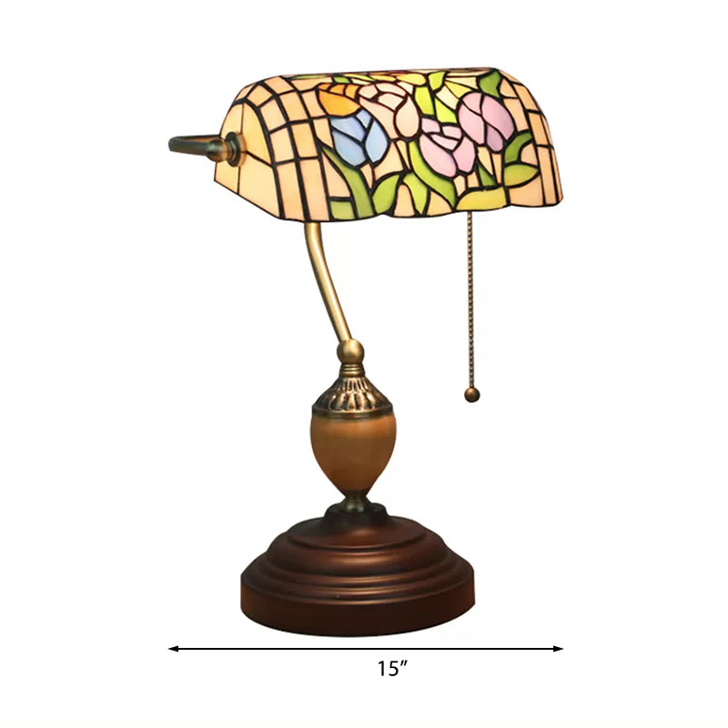 Tiffany Stylish Flower/Geometric/Baroque Bankers Table Lamp 1 Light Stainless Glass Brown Finish Table Lamp with Pull Chain