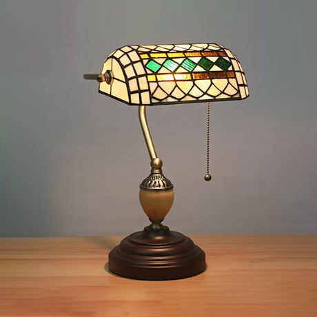 Tiffany Stylish Flower/Geometric/Baroque Bankers Table Lamp 1 Light Stainless Glass Brown Finish Table Lamp with Pull Chain