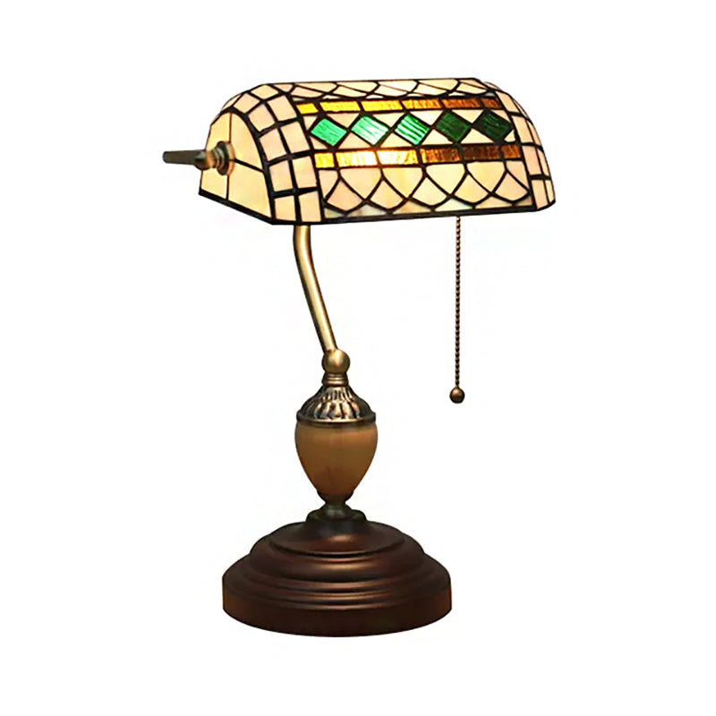 Tiffany Stylish Flower/Geometric/Baroque Bankers Table Lamp 1 Light Stainless Glass Brown Finish Table Lamp with Pull Chain