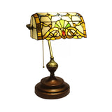 Tiffany Stylish Flower/Geometric/Baroque Bankers Table Lamp 1 Light Stainless Glass Brown Finish Table Lamp with Pull Chain