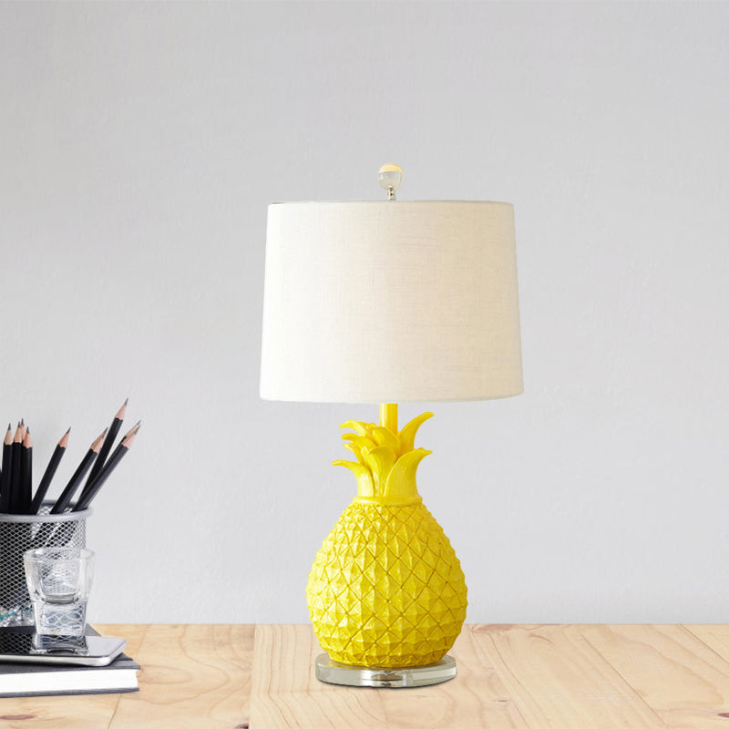 Resin Pineapple Night Lighting Cartoon 1 Bulb White/Yellow Table Lamp with Drum Fabric Shade