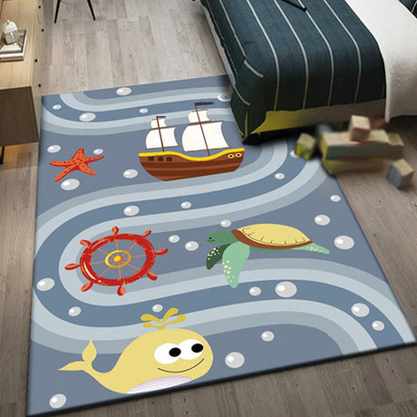 Cute Whale Pattern Rug Blue Kids Rug Polyester Pet Friendly Washable Area Rug for Nursery - Grey - Clearhalo - 'Area Rug' - 'Rug' - 1726085