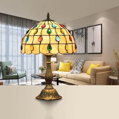 12"/8" Wide Shell Umbrella Desk Lamp with Teardrop Jewelry Classic Tiffany Table Light in Beige for Bedroom
