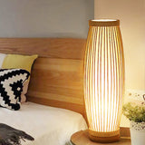 Wood Oblong Night Table Lamp Asian Style Single Bulb Bamboo Desk Light with Inner Cylinder Fabric Shade for Bedroom