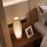 Wood Oblong Night Table Lamp Asian Style Single Bulb Bamboo Desk Light with Inner Cylinder Fabric Shade for Bedroom
