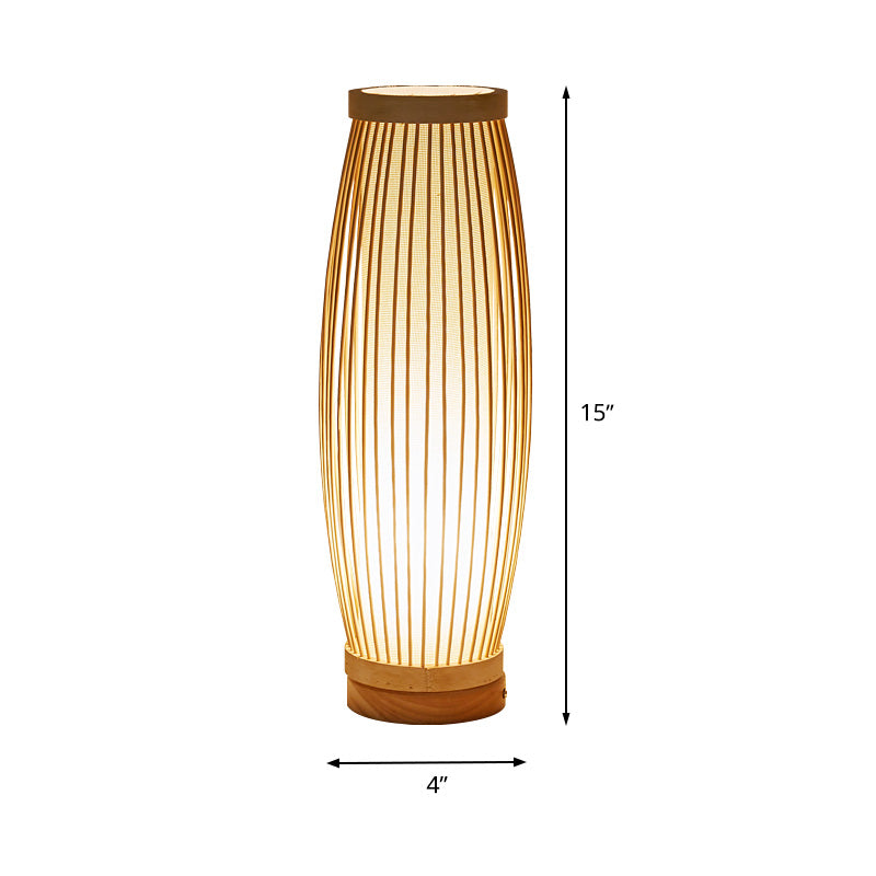 Wood Oblong Night Table Lamp Asian Style Single Bulb Bamboo Desk Light with Inner Cylinder Fabric Shade for Bedroom