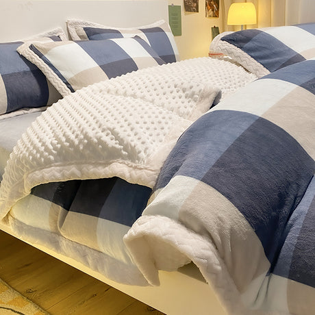 Thickened Black/Blue Checkerboard Flannel Duvet Cover Bedding Set