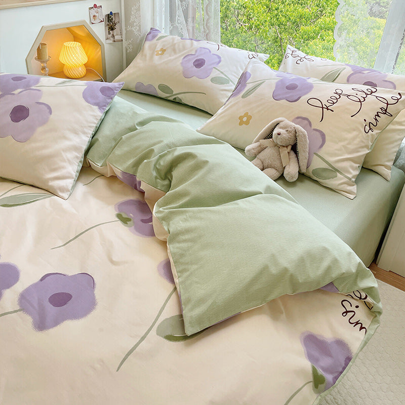 Purple Flowers Bedding Set Washable 60s Cotton Duvet Cover Bedding Set