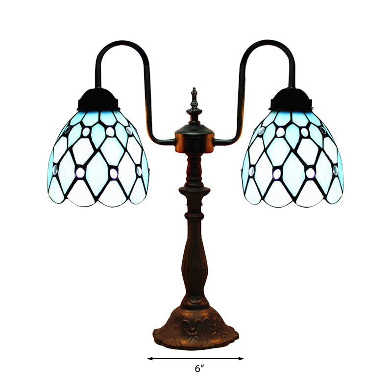 Dome Table Lamp Industrial Vintage Stained Glass 2 Lights Accent Table Lamp in Blue for Bedside